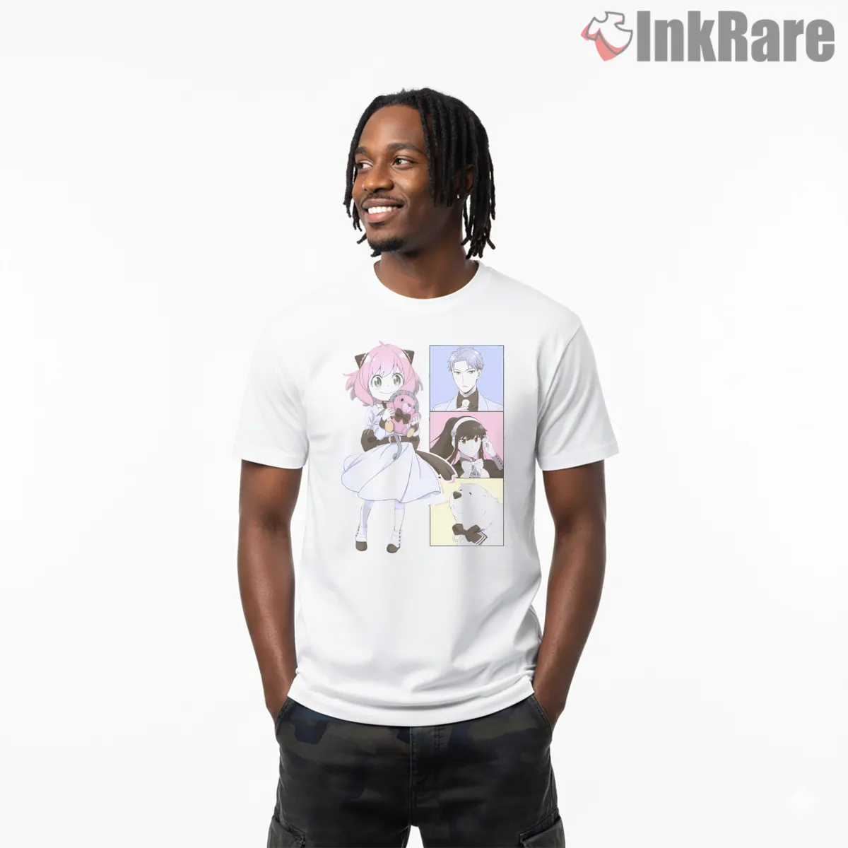 Spy Family Cute Doll Style Character Set Anime Shirt on white short sleeve shirt for men graphic tee