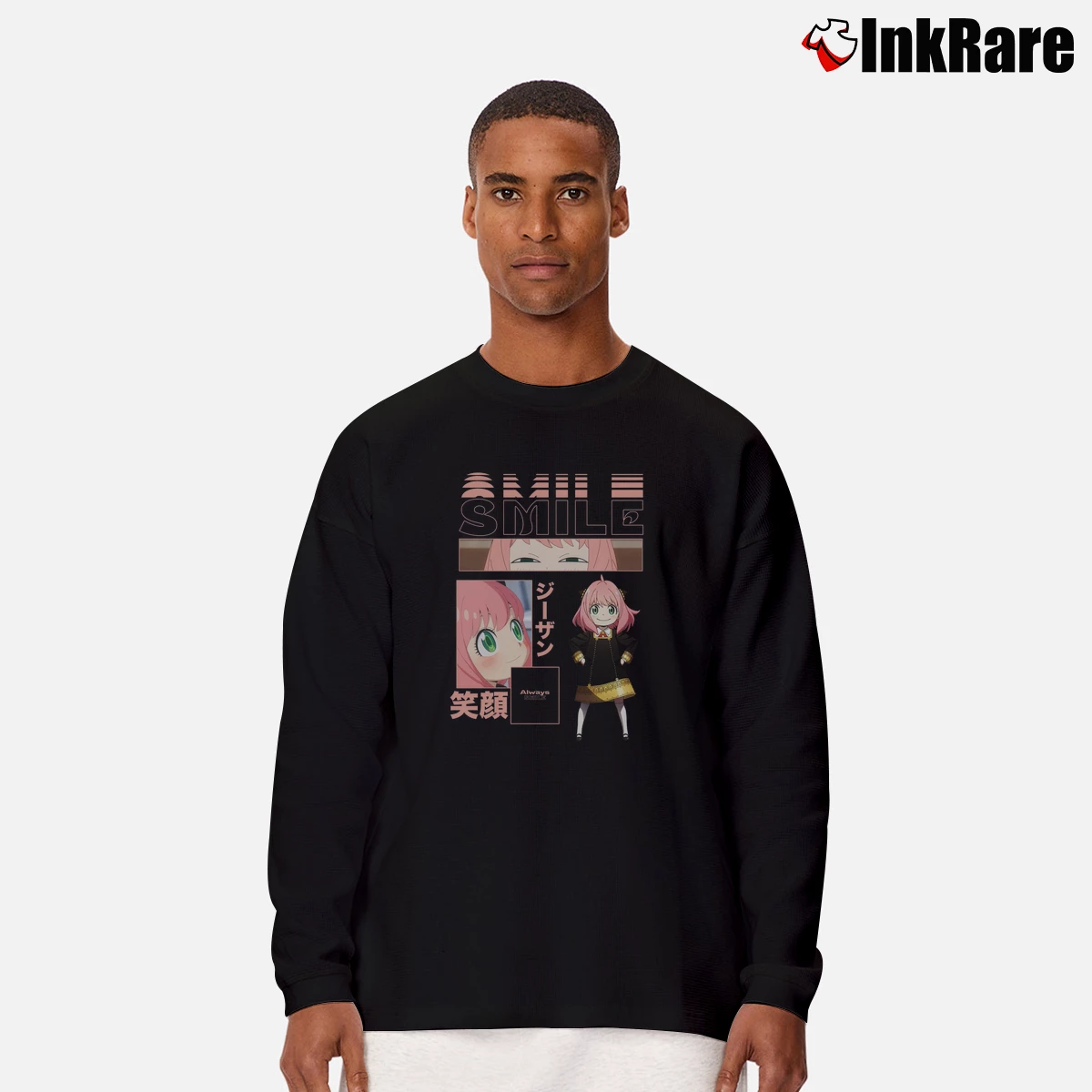 Men’s Spy X Family Anya Always Smile Long-Sleeve Shirt in black | Sleek, Lightweight, Year-Round Wear