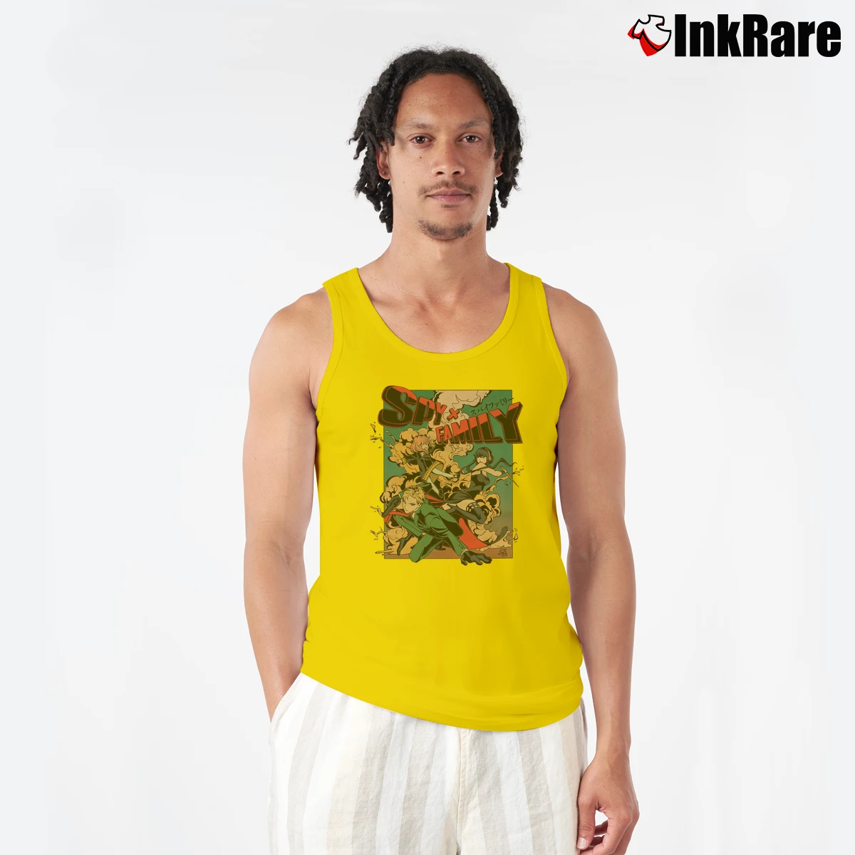 Men’s Spy X Family Retro Poster Tank Top in yellow | Breathable, Active-Friendly Design