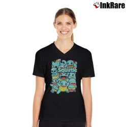 Women’s Squirtle Pokemon Custom Retro Style V-Neck Tee in black | Chic Neckline, Soft Texture