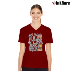 Women’s Squirtle Squad Pokemon Custom Retro Style V-Neck Tee in maroon | Chic Neckline, Soft Texture