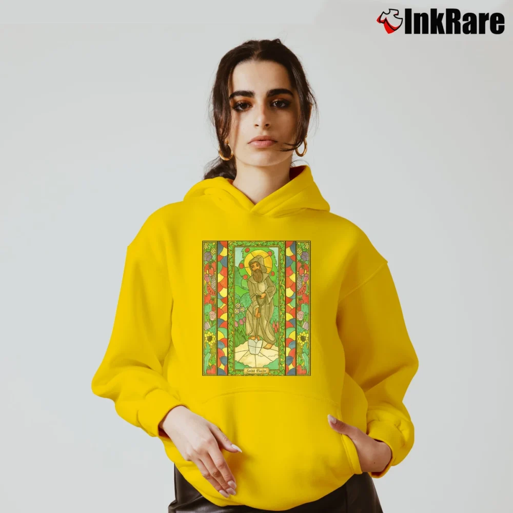 Women’s St. Fiacre Catholic Religious Art Cozy Hoodie in yellow | Warm, Structured, Stylish
