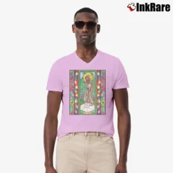 Men’s St. Fiacre Catholic Religious Art V-Neck Tee in light pink | Sharp, Breathable, Everyday Staple