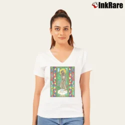 Women’s St. Fiacre Catholic Religious Art V-Neck Tee in white | Chic Neckline, Soft Texture