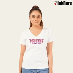 Women’s St John The Baptist Cougars Track and Field V-Neck Tee in white | Chic Neckline, Soft Texture