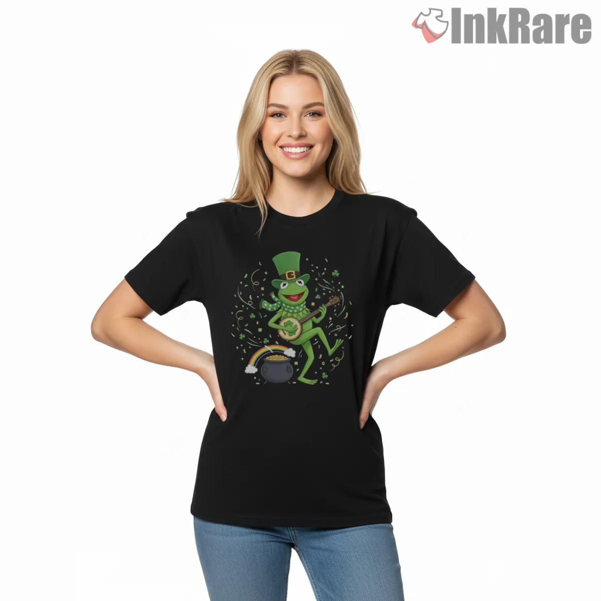 St Patricks Day Kermit Banjo Shamrock Lucky Shirt on black short sleeve shirt for women graphic tee