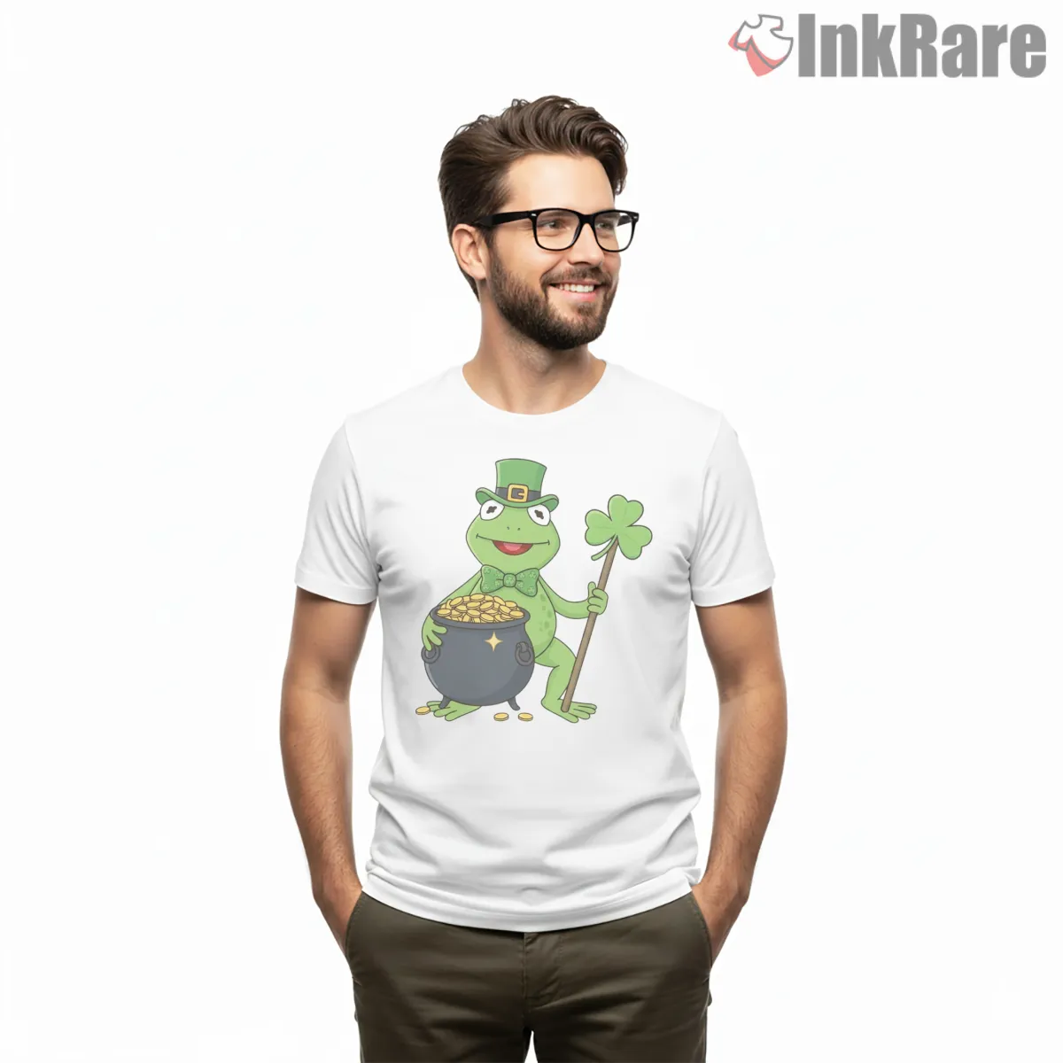 St Patricks Day Kermit Lucky Clover Cartoon Short Sleeve White St Patricks Day Kermit Lucky Clover Cartoon Shirt on white short sleeve shirt for men graphic tee