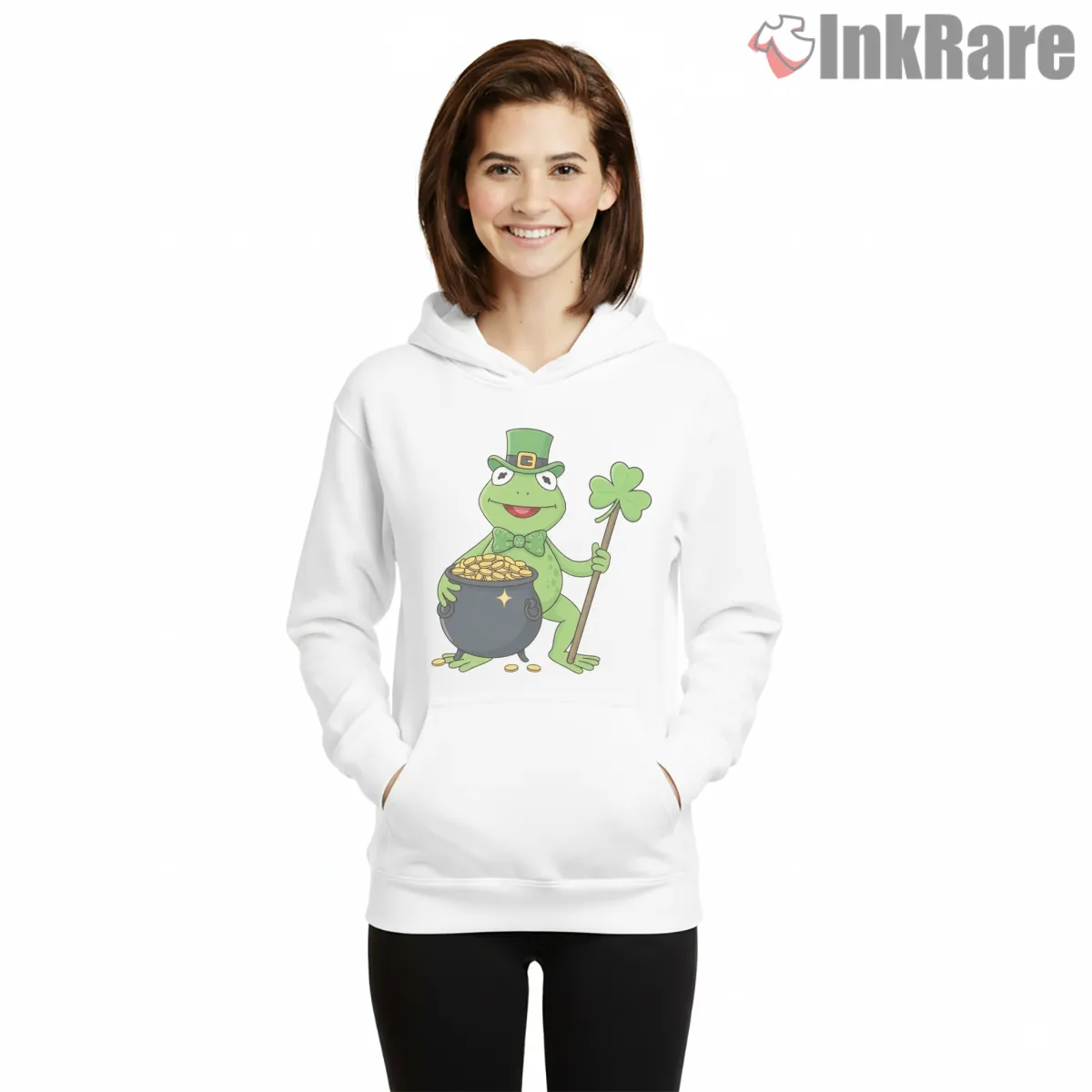 St Patricks Day Kermit Lucky Clover Cartoon Hoodie White St Patricks Day Kermit Lucky Clover Cartoon Shirt on white hoodie for women graphic tee