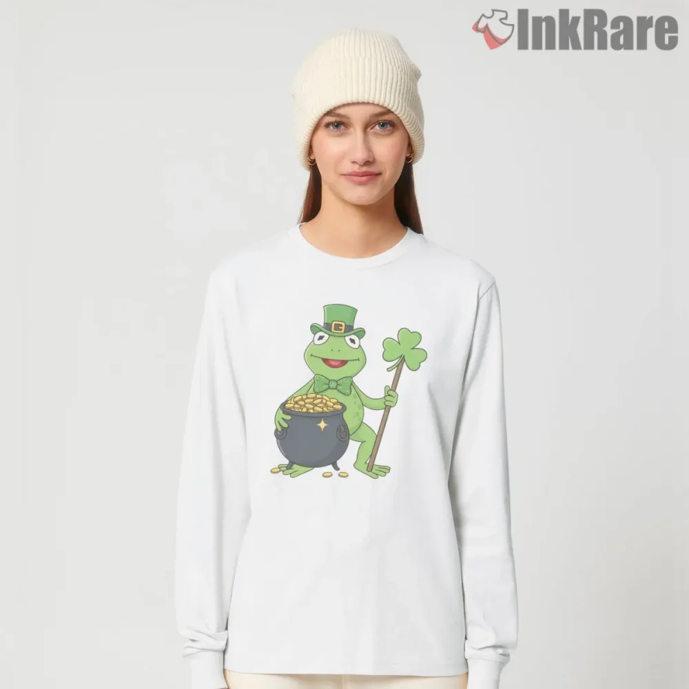 St Patricks Day Kermit Lucky Clover Cartoon Shirt on white long sleeve shirt for women graphic tee