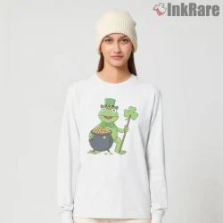 St Patricks Day Kermit Lucky Clover Cartoon Shirt on white long sleeve shirt for women graphic tee