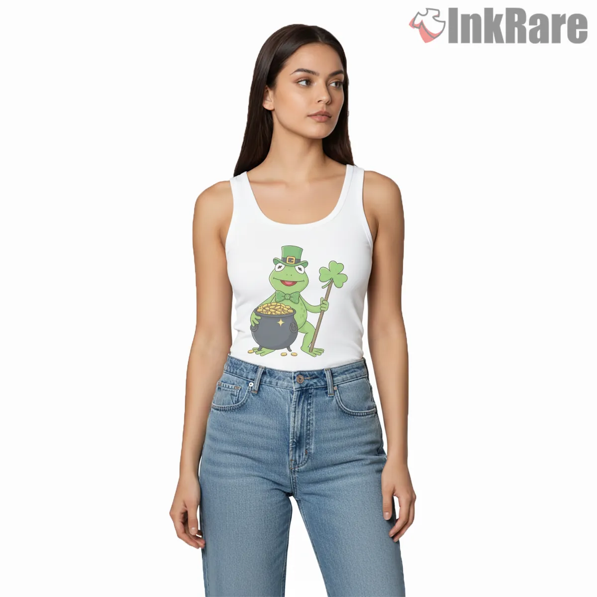 St Patricks Day Kermit Lucky Clover Cartoon Shirt on white tank top for women graphic tee