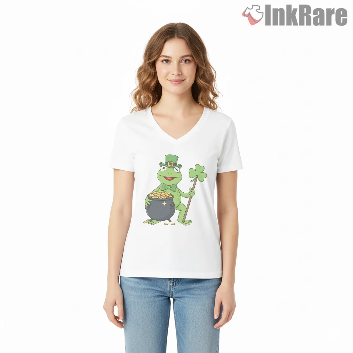 St Patricks Day Kermit Lucky Clover Cartoon V Neck White St Patricks Day Kermit Lucky Clover Cartoon Shirt on white v-neck shirt for women graphic tee