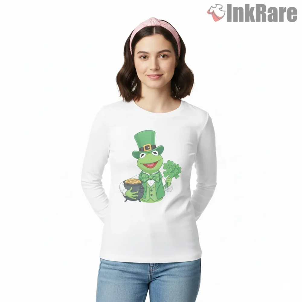 St Patricks Day Kermit Shamrock Gold Pot Lucky Shirt on white long sleeve shirt for women graphic tee
