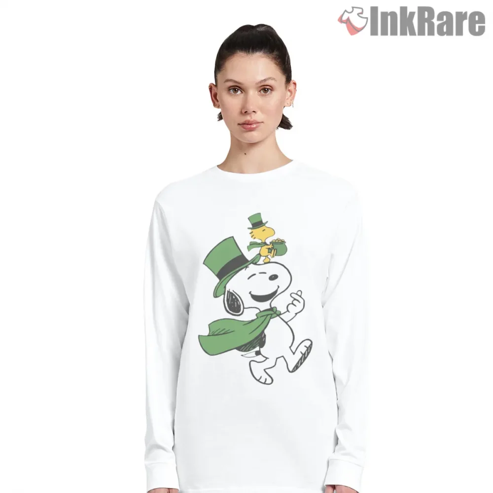 St Patricks Day Snoopy Shamrock Character Shirt on white long sleeve shirt for women graphic tee