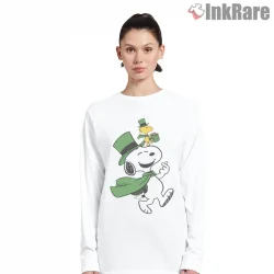 St Patricks Day Snoopy Shamrock Character Shirt on white long sleeve shirt for women graphic tee