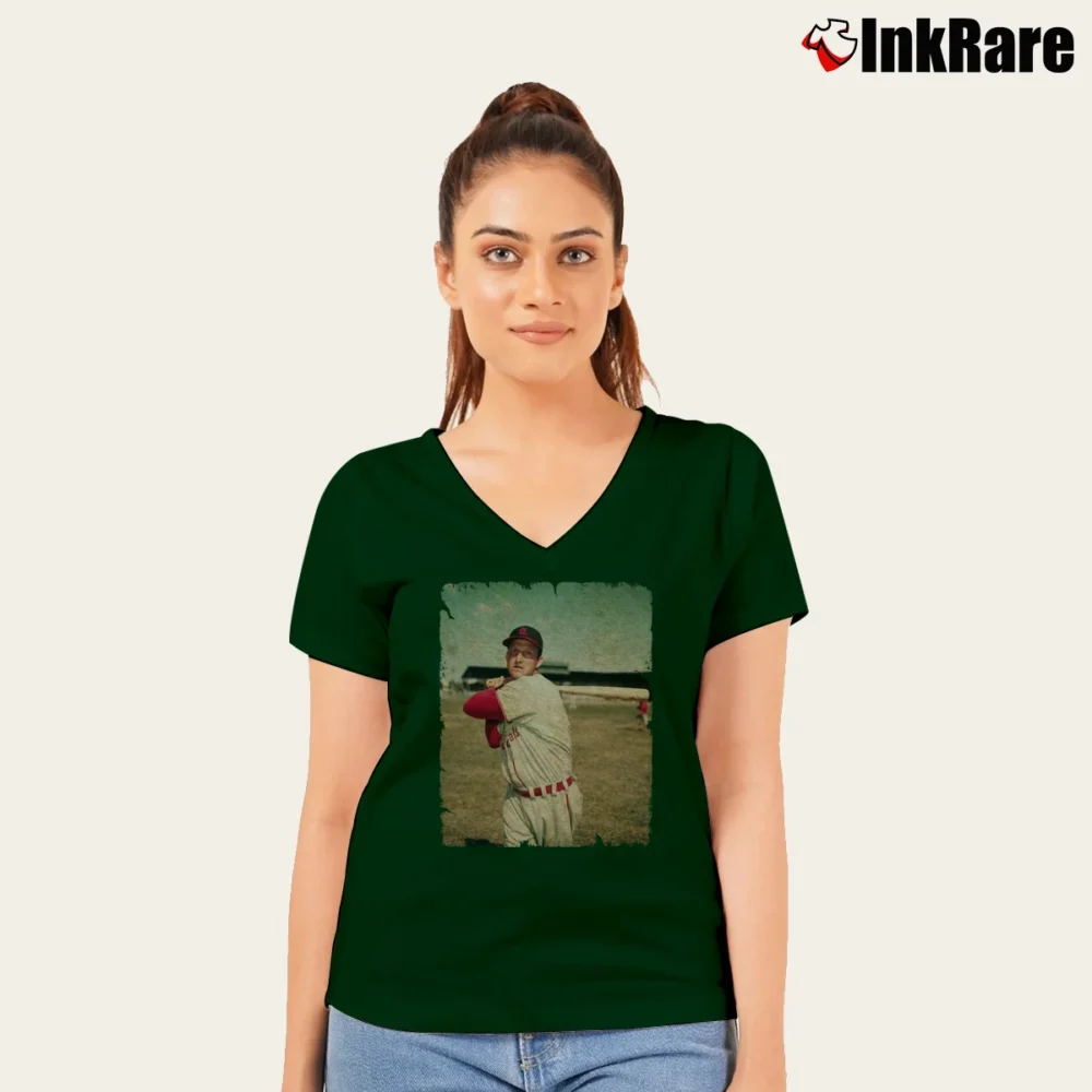 Women’s Stan Musial Louis Cardinals for Baseball Fans V-Neck Tee in forest green | Chic Neckline, Soft Texture