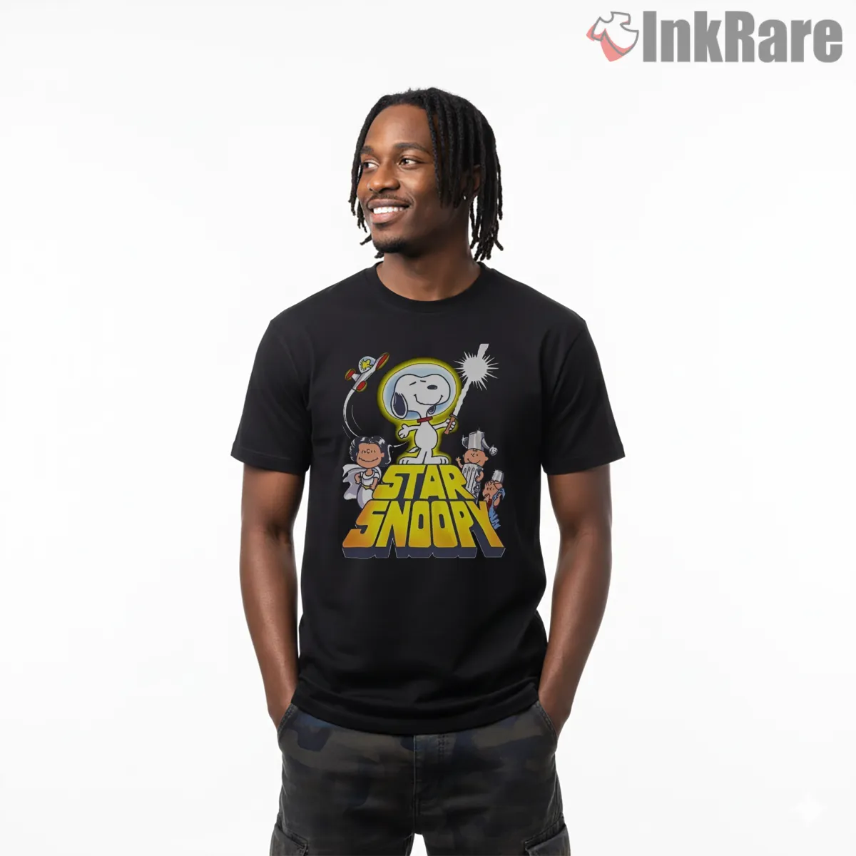Star Snoopy Sci Fi Parody With Peanuts Characters Short Sleeve Black Star Snoopy Sci Fi Parody With Peanuts Characters Shirt on black short sleeve shirt for men graphic tee