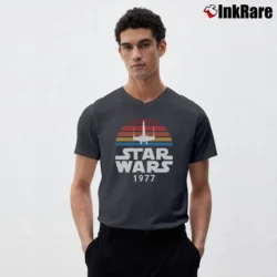 Men’s Star Wars 1977 Rainbow X - Wing Retro Logo V-Neck Tee in charcoal | Sharp, Breathable, Everyday Staple