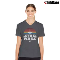 Women’s Star Wars 1977 Rainbow X - Wing Retro Logo V-Neck Tee in charcoal | Chic Neckline, Soft Texture
