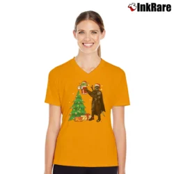 Women’s Star Wars Baby Yoda Mandalorian Christmas V-Neck Tee in orange | Chic Neckline, Soft Texture