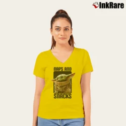 Women’s Star Wars Baby Yoda Naps Snacks V-Neck Tee in yellow | Chic Neckline, Soft Texture