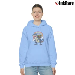 Women’s Star Wars Baby Yoda Riding Trex Dinosaur Rainbow Cozy Hoodie in light blue | Warm, Structured, Stylish