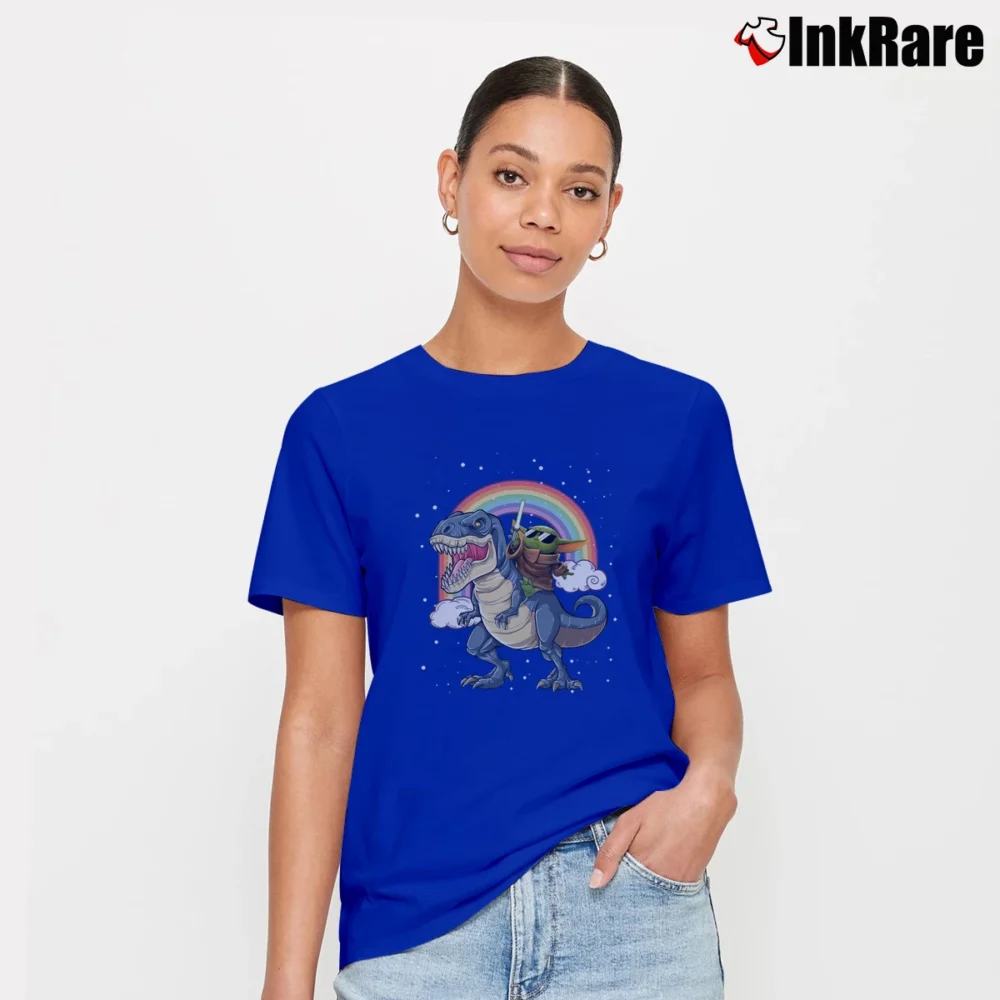 Women’s Star Wars Baby Yoda Riding Trex Dinosaur Rainbow Signature T-Shirt in royal blue | Soft, Flattering Fit