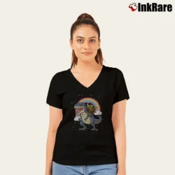 Women’s Star Wars Baby Yoda Riding Trex Dinosaur Rainbow V-Neck Tee in black | Chic Neckline, Soft Texture