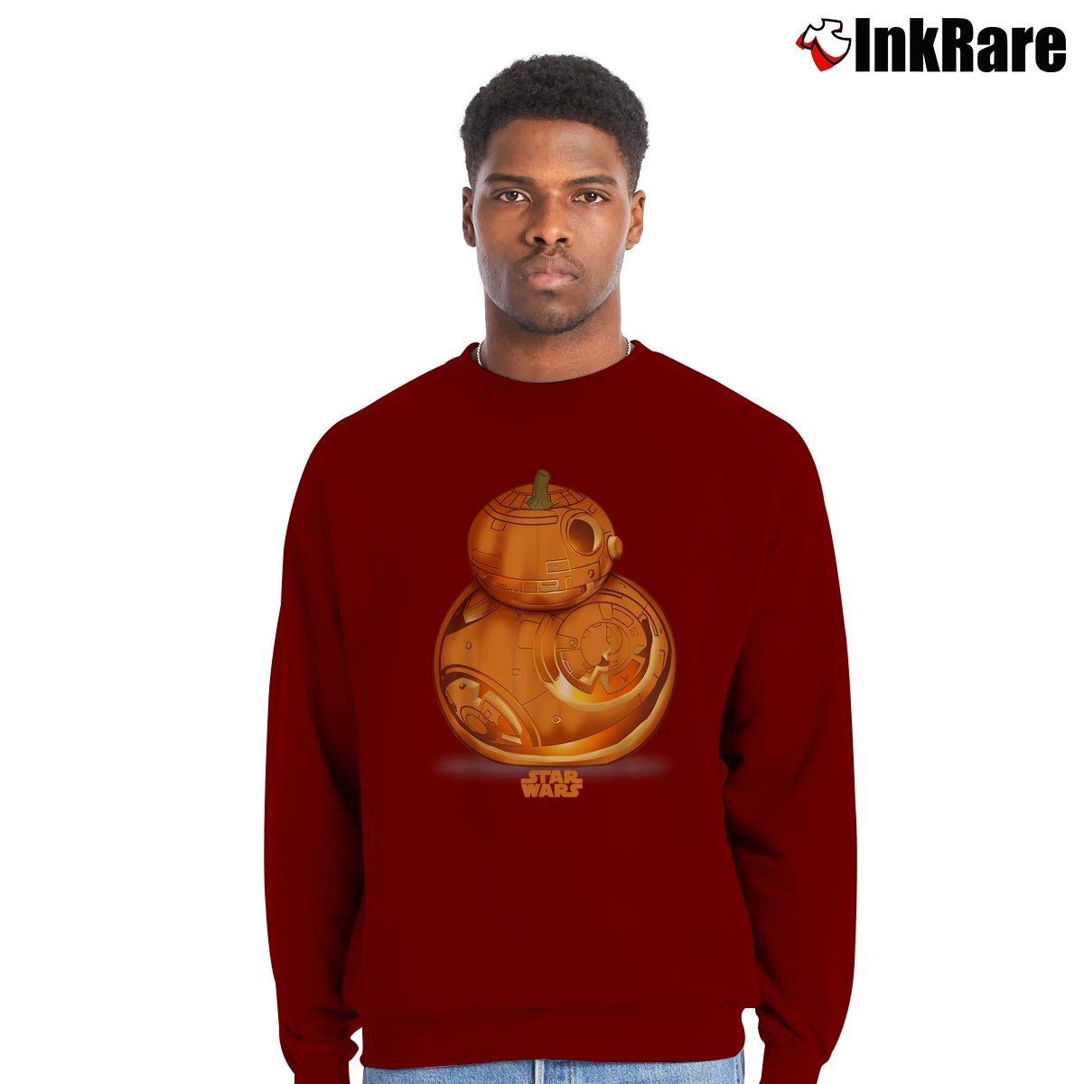 Men’s Star Wars BB 8 Carved Pumpkin Halloween Crewneck Sweatshirt in maroon | Cozy Fabric, Clean Style