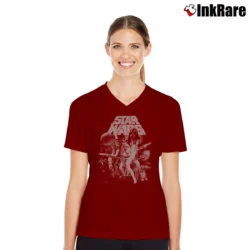 Women’s Star Wars Blue Gang Character Group Graphic V-Neck Tee in maroon | Chic Neckline, Soft Texture