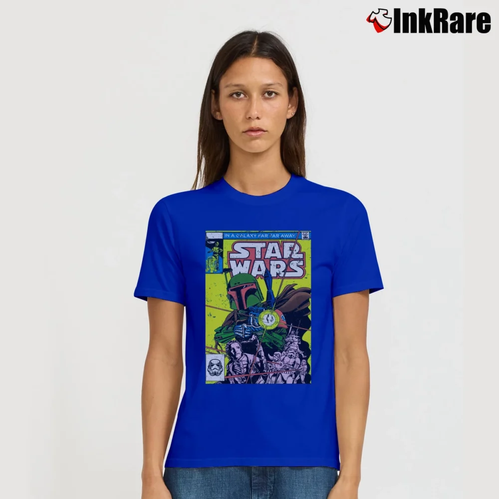 Women’s Star Wars Boba Fett Distressed Comic Cover Signature T-Shirt in royal blue | Soft, Flattering Fit