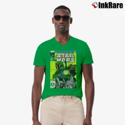 Men’s Star Wars Boba Fett Distressed Comic Cover V-Neck Tee in irish green | Sharp, Breathable, Everyday Staple