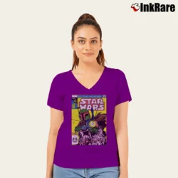 Women’s Star Wars Boba Fett Distressed Comic Cover V-Neck Tee in purple | Chic Neckline, Soft Texture