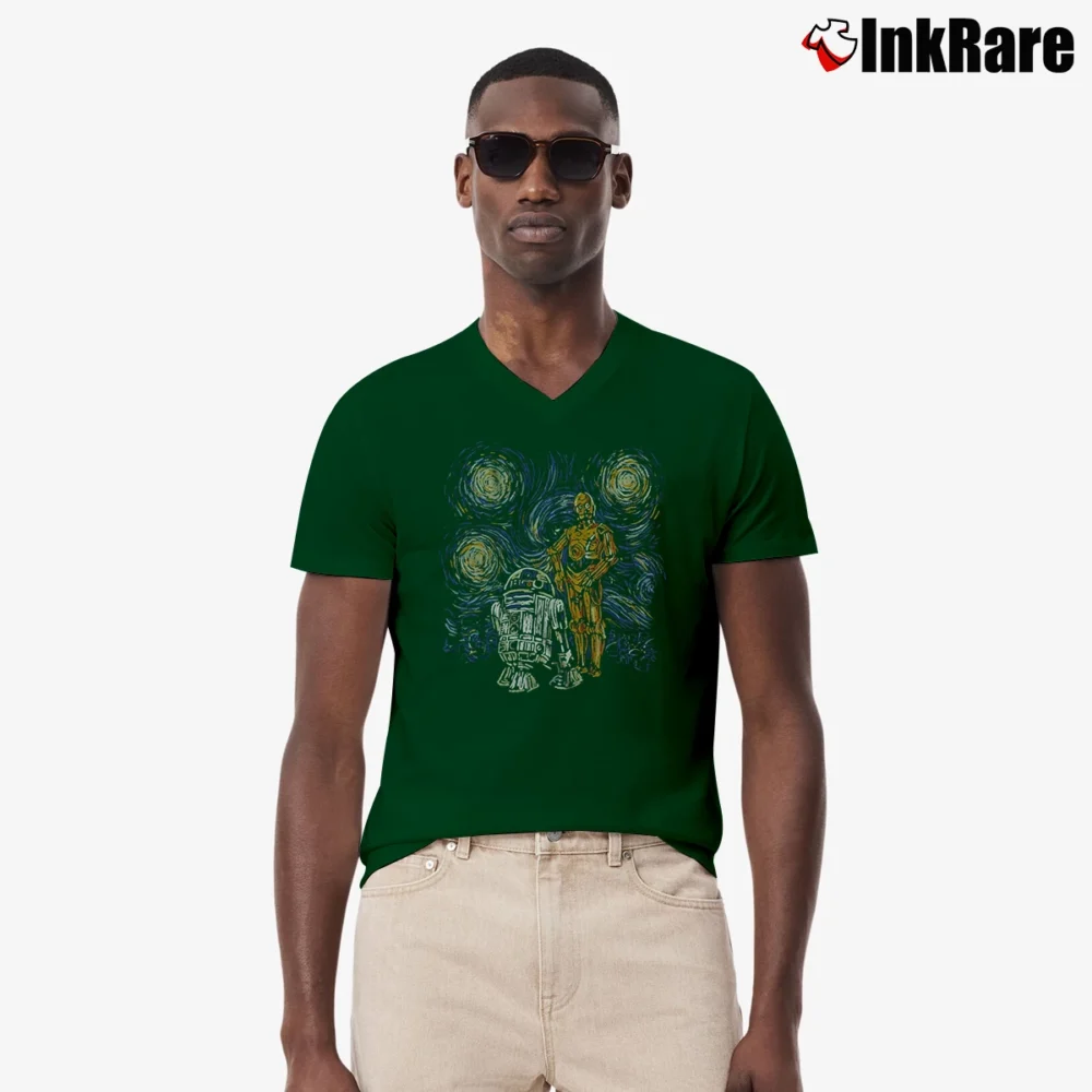 Men’s Star Wars C - 3PO R2 - D2 Van Gogh Art V-Neck Tee in forest green | Sharp, Breathable, Everyday Staple