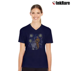 Women’s Star Wars C - 3PO R2 - D2 Van Gogh Art V-Neck Tee in navy | Chic Neckline, Soft Texture