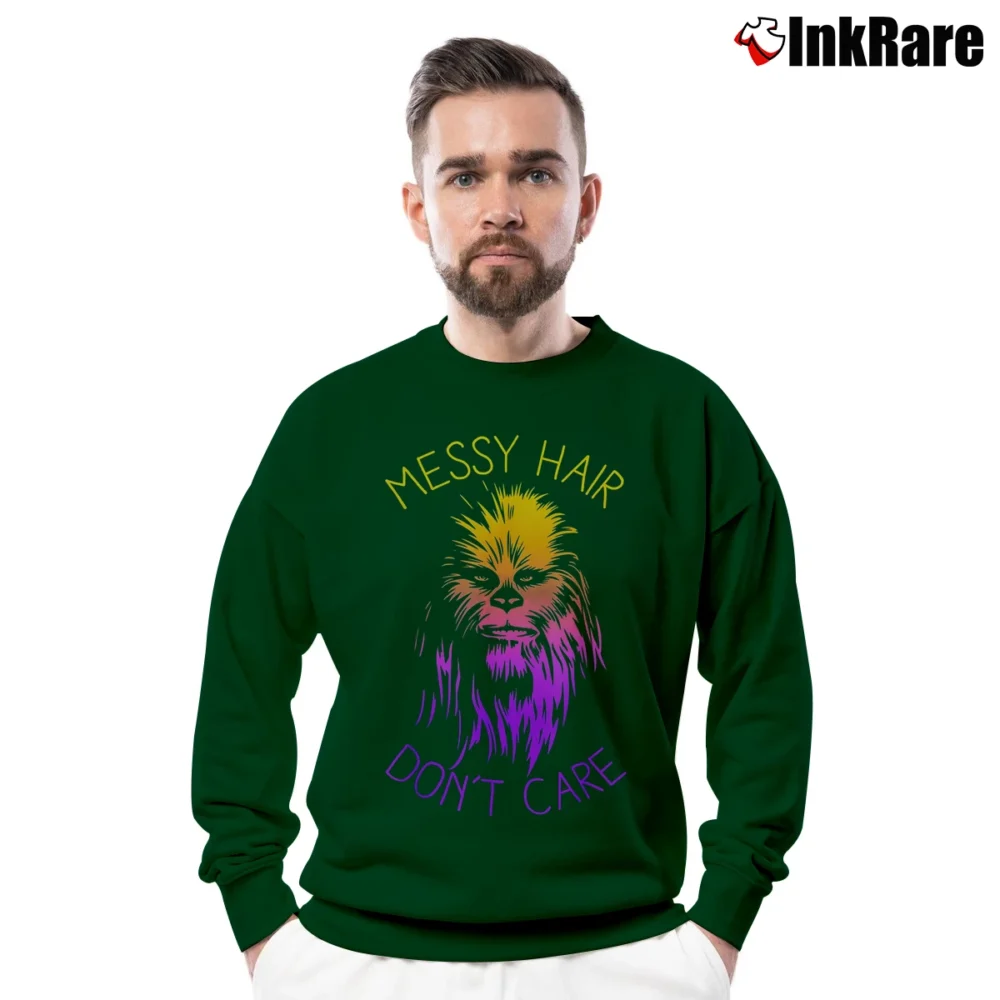 Men’s Star Wars Chewbacca Messy Hair Funny Crewneck Sweatshirt in forest green | Cozy Fabric, Clean Style