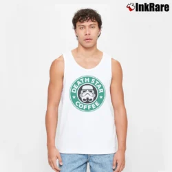 Men’s Star Wars Death Star Coffee Parody Stormtrooper Tank Top in white | Breathable, Active-Friendly Design