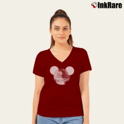 Women’s Star Wars Death Star Mickey Mouse V-Neck Tee in maroon | Chic Neckline, Soft Texture