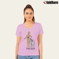 Women’s Star Wars Droid R2 - D2 and C - 3PO V-Neck Tee in light pink | Chic Neckline, Soft Texture
