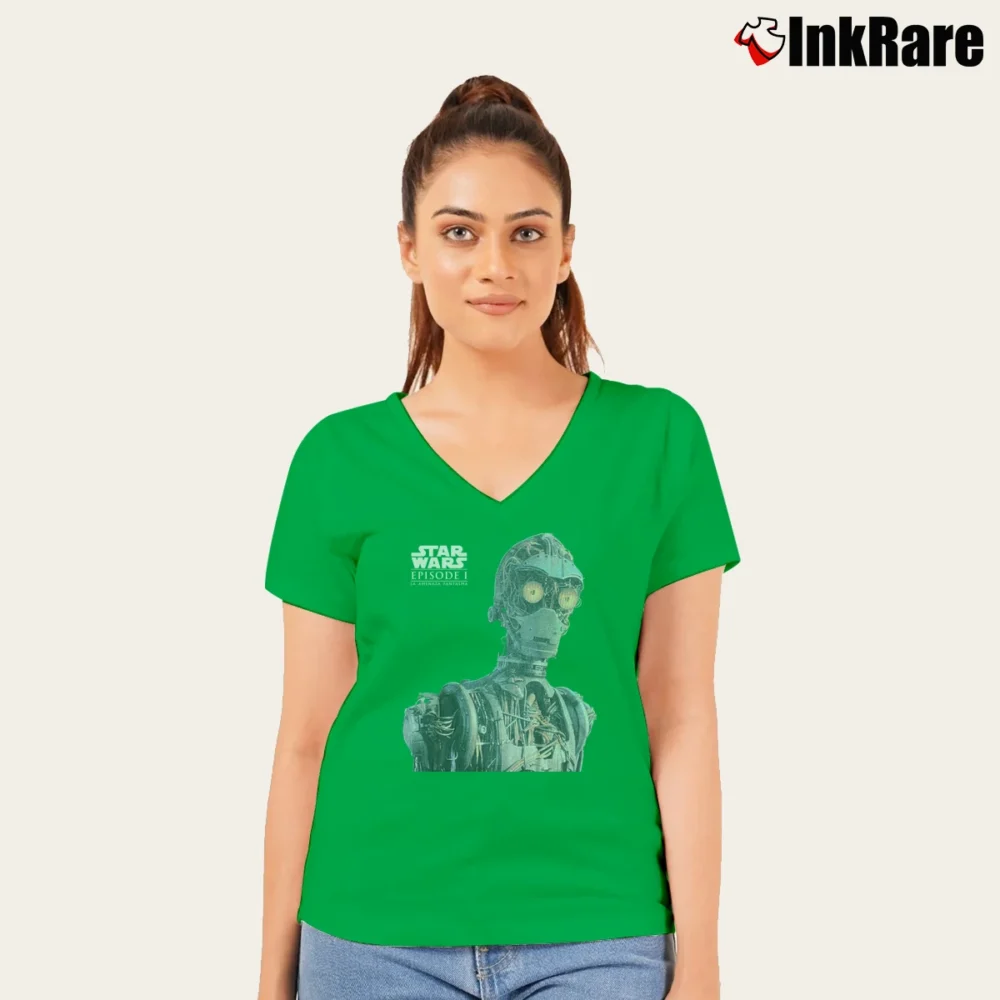Women’s Star Wars Episode I C - 3PO Pizza Hut Promo V-Neck Tee in irish green | Chic Neckline, Soft Texture