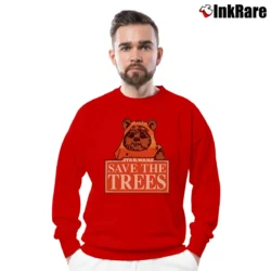 Men’s Star Wars Ewok Save The Trees Girly Crewneck Sweatshirt in red | Cozy Fabric, Clean Style