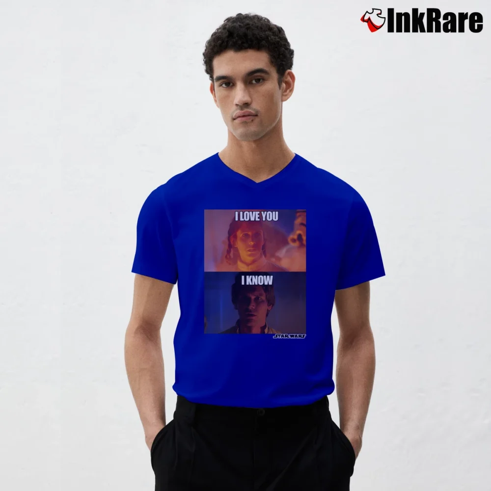 Men’s Star Wars Han Leia I Love You I Know Gift V-Neck Tee in royal blue | Sharp, Breathable, Everyday Staple