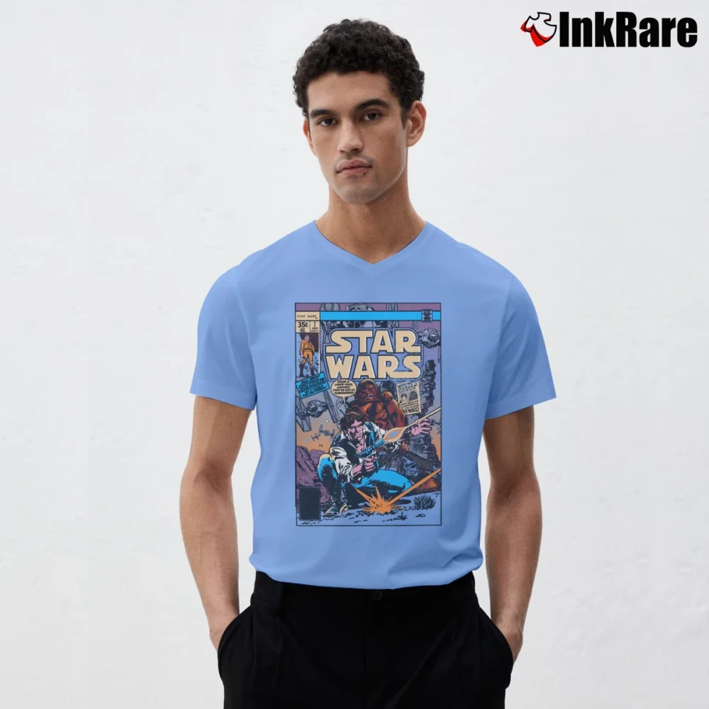 Men’s Star Wars Han Solo Retro Comic Cover V-Neck Tee in light blue | Sharp, Breathable, Everyday Staple