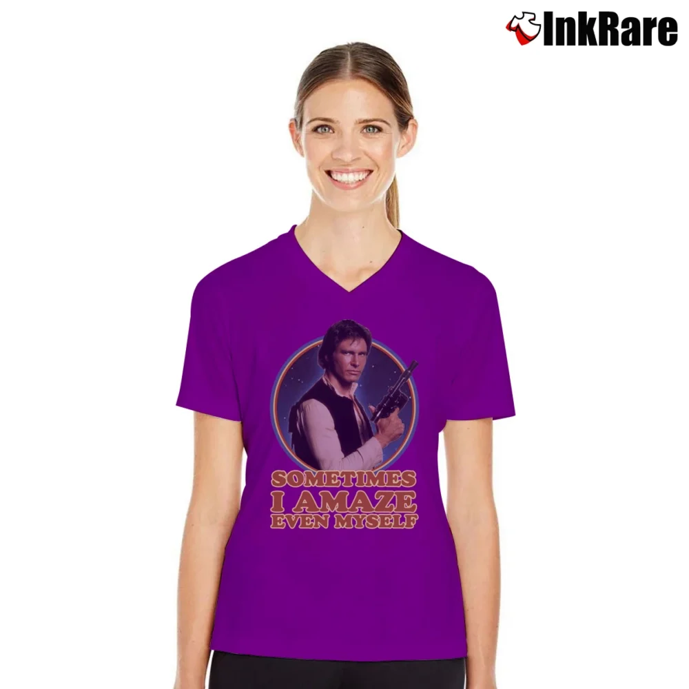 Women’s Star Wars Han Solo Sometimes I Amaze Myself Graphic V-Neck Tee in purple | Chic Neckline, Soft Texture