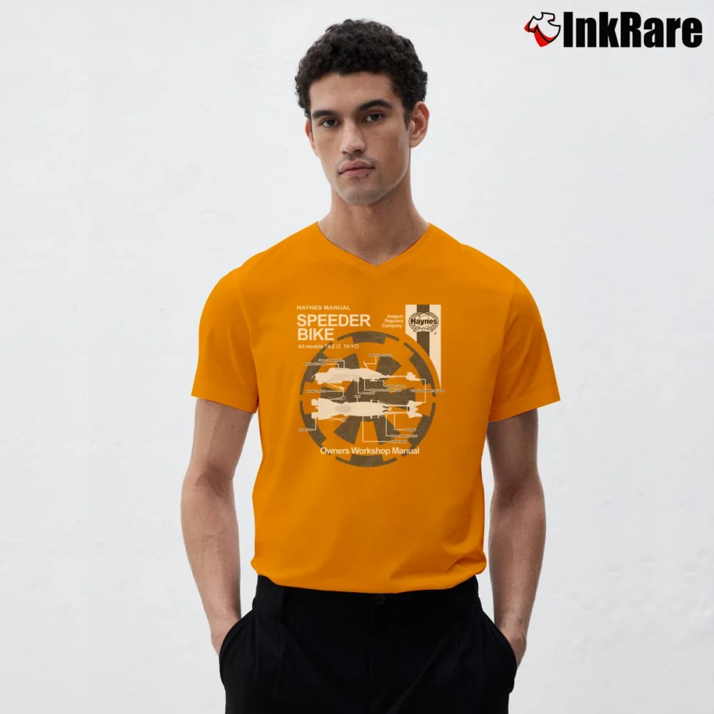 Men’s Star Wars Haynes Manual Speeder Bike V-Neck Tee in orange | Sharp, Breathable, Everyday Staple