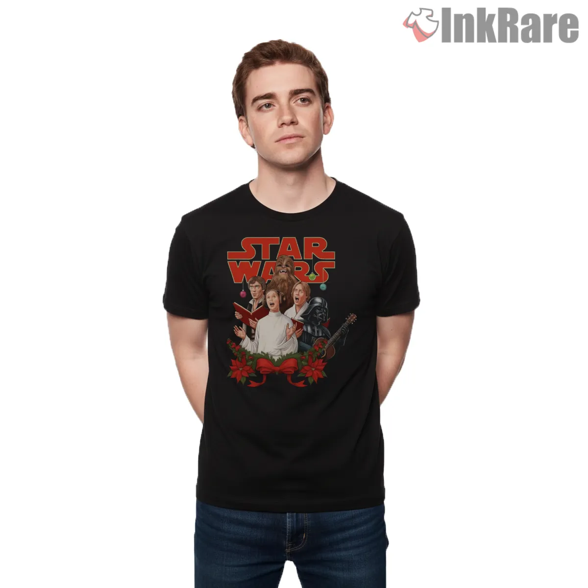 Star Wars Holiday Carol Group Illustration Shirt on black short sleeve shirt for men graphic tee