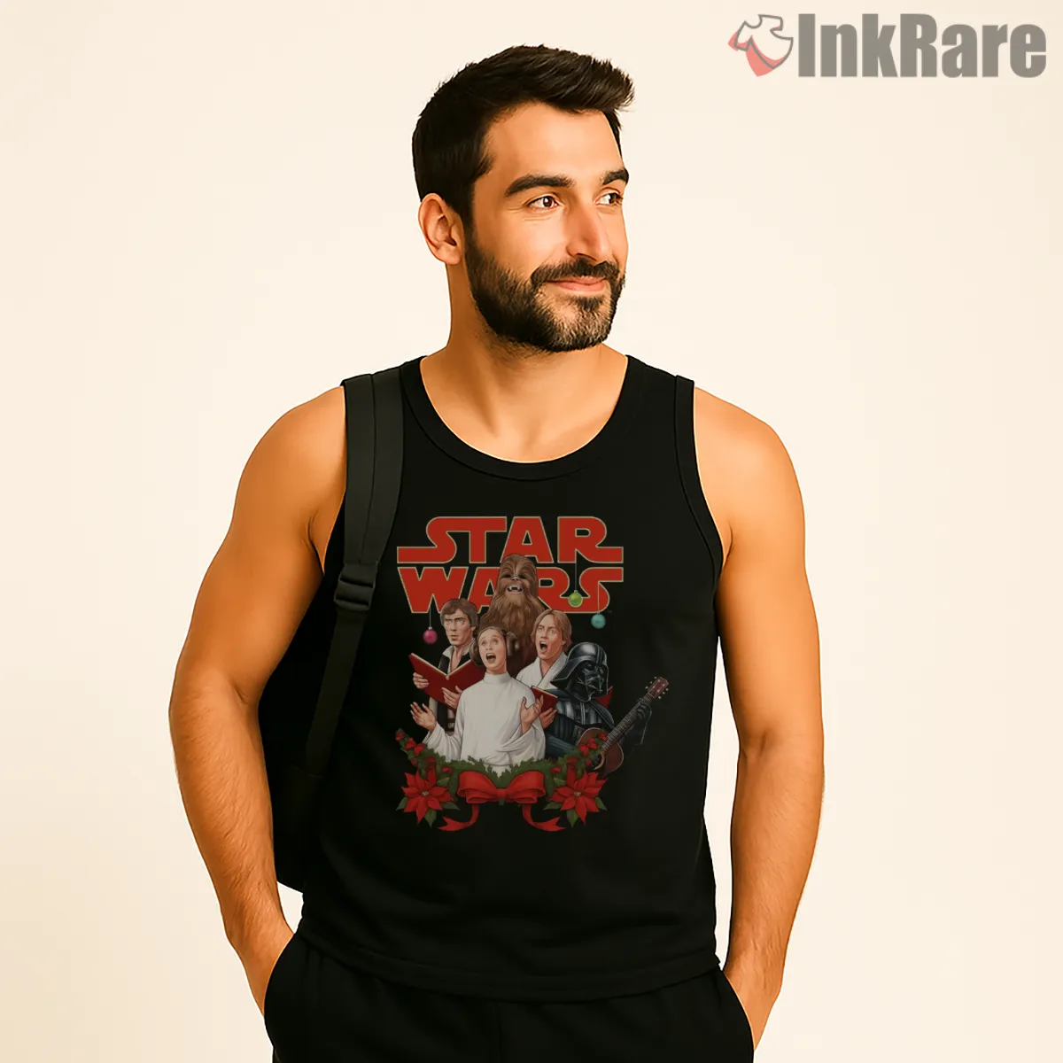 Star Wars Holiday Carol Group Illustration Tank Top Black Star Wars Holiday Carol Group Illustration Shirt on black tank top for men graphic tee