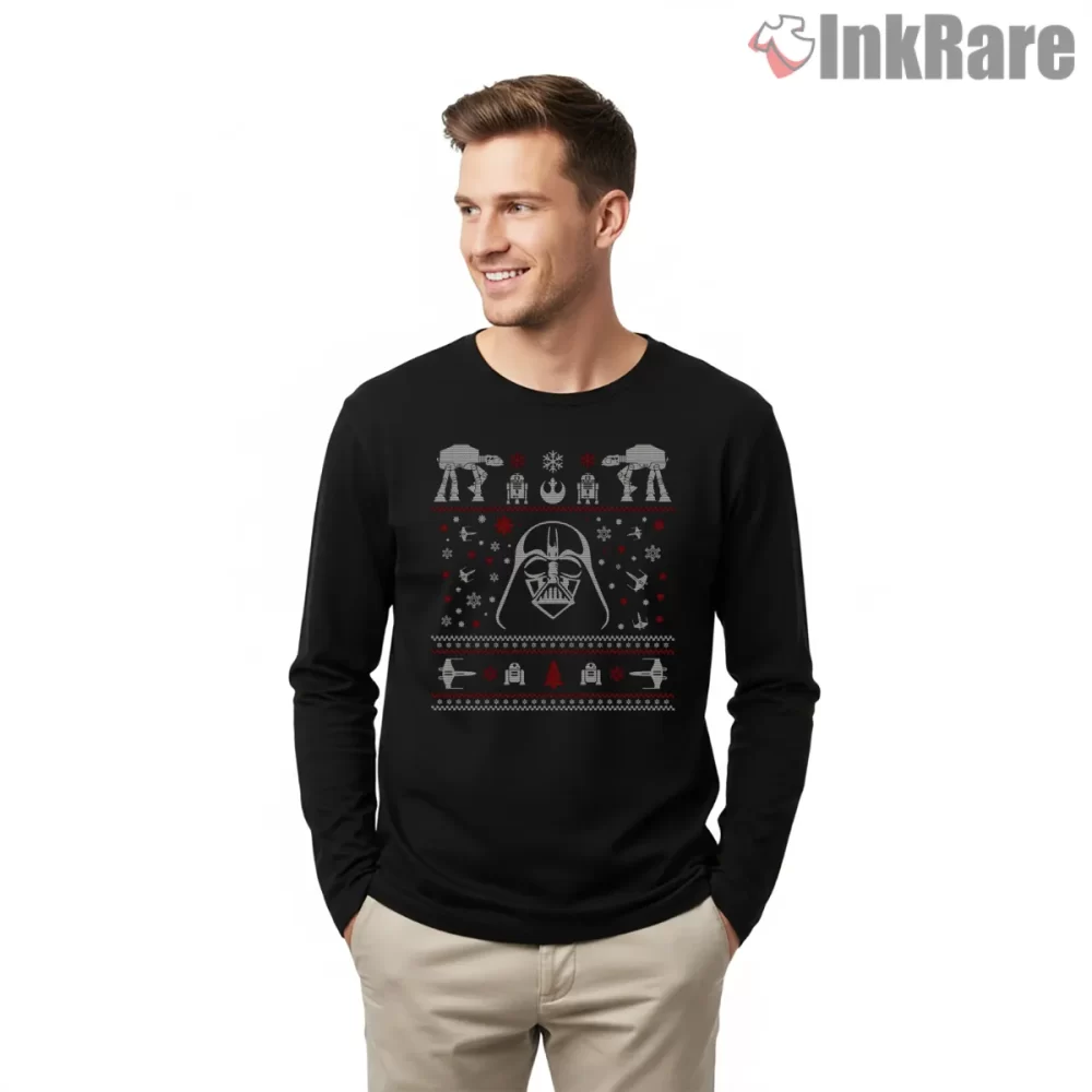 Star Wars Holiday Knit Pattern Shirt on black long sleeve shirt for men graphic tee