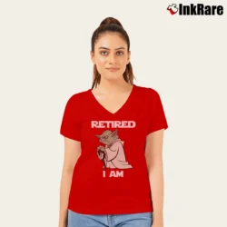Women’s Star Wars Jedi Master Baby Yoda Retired I Am Gift Funny V-Neck Tee in red | Chic Neckline, Soft Texture
