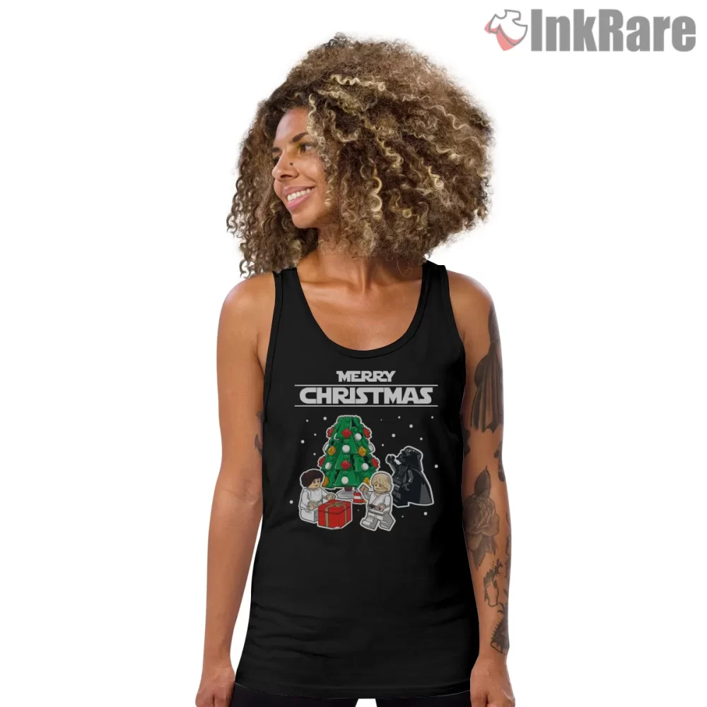 Star Wars Lego Holiday Celebration Shirt on black tank top for women graphic tee